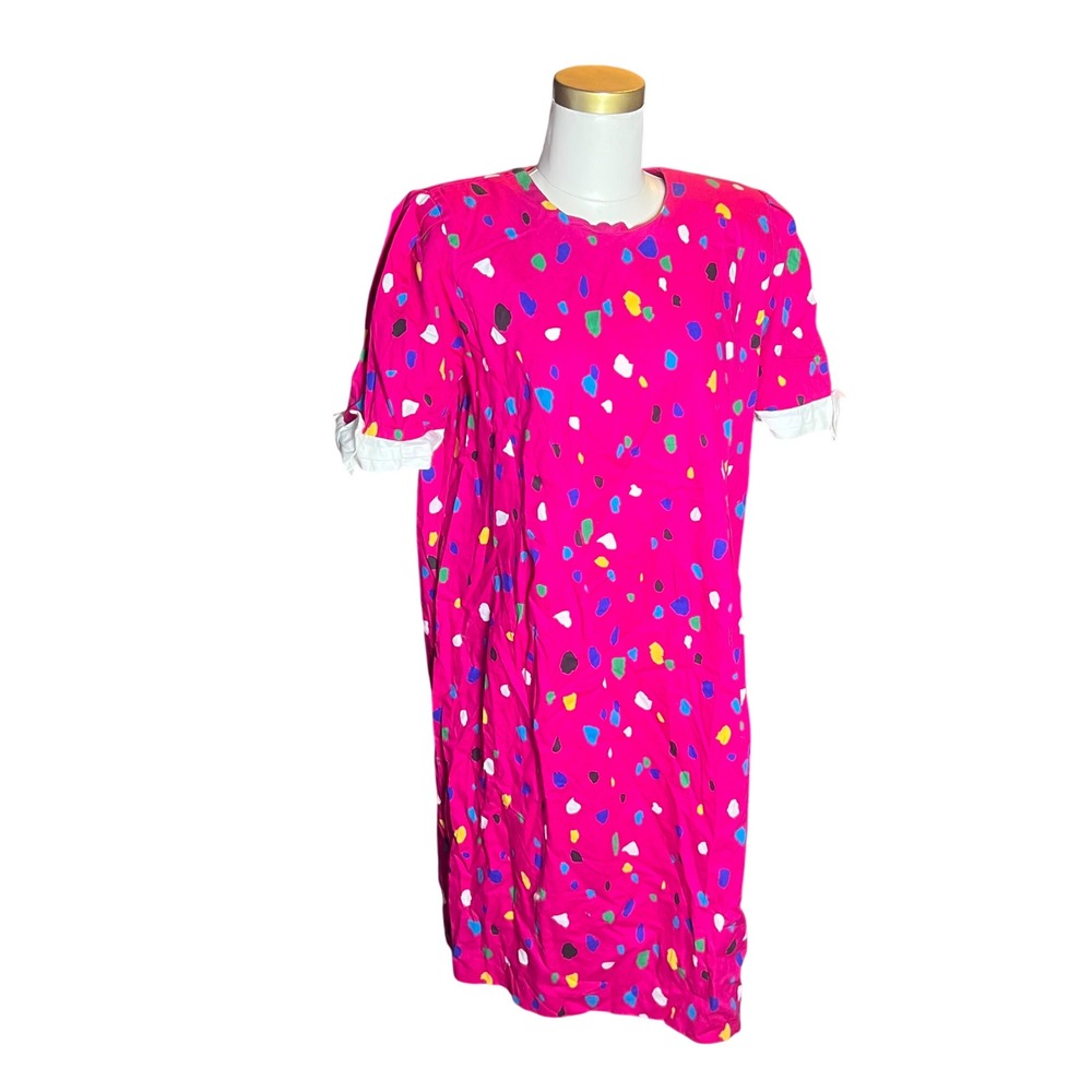 Vintage‎ Worthington Pink Abstract Paint Splatter Shift Dress Ruffle Cuff 12P